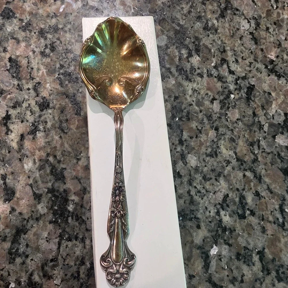 Antique Watson Co Lily 1904 Sterling Silver Berry Spoon Gold Wash Shell Bowl